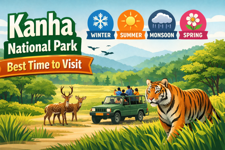“Make a clean 1200×675 feature image on[ Kanha National Park Best Time to Visit] with English text only, modern infographic style, suitable for blog or YouTube thumbnail.”Kanha National Park Best Time to Visit